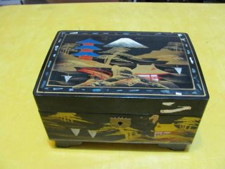 Vintage Japanese Hand Painted Black Lacquered Abalone Inlay Jewelry Box.