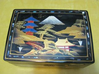 Vintage Japanese Hand Painted Black Lacquered Abalone Inlay Jewelry Box. 2