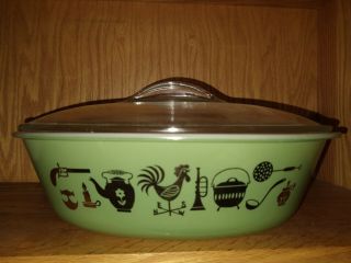 Vintage Glasbake Sears Avocado Green Casserole With Gold Country Design With Lid