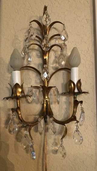 Vintage Florentina Tole And Crystals 2 Light Electric Wall Sconce Light