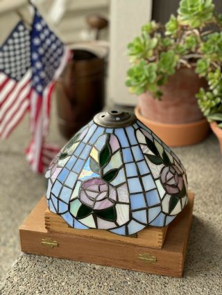 Stained Glass Lamp Tiffany Style Pink Roses Blue Replace Lamp Shade 7” X 8.  5”