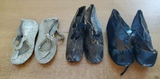 3 Pair Antique Leather/oil Cloth Doll Shoes For German/french Bisque Dolls