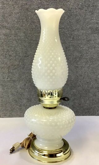 Vintage White Hobnail Milk Glass Hurricane Tabletop Lamp With Shade