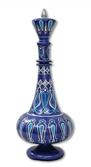 Lj558 Hand - Painted Mouthblown Glass Arabesque Blue I Dream Of Jeannie Bottle