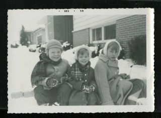 Vintage Photo Adorable Kids Bundled Up For Winter Fun Sledding Snowballs 1958