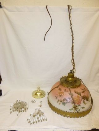 Vintage Oil Lamp Hanging Chandelier Converted To Electric With Crystals