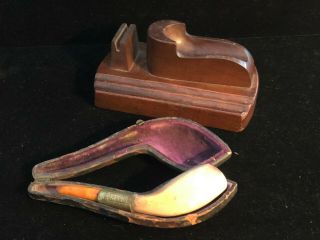 Antique Vintage OLD Pipe with Case and Wood Pipe Holder 3