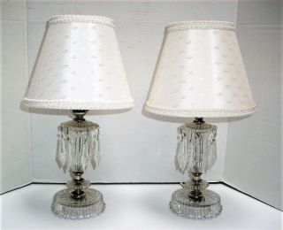 Vintage Pair Boudoir Table Lamps,  Crystal Prisms,  W/shades,  Mid Century,  Retro