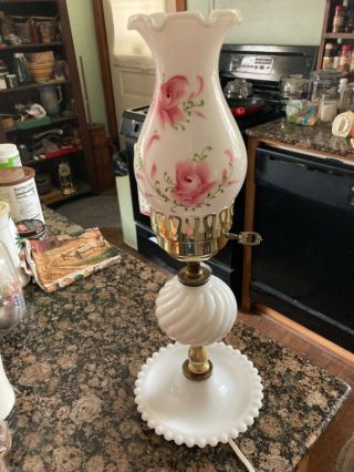 Vintage White Milk Glass Hobnail Hurricane Table Lamp