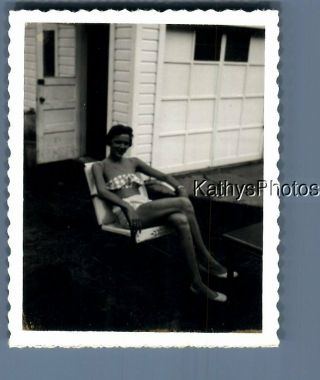 Black & White Polaroid F,  6064 Pretty Woman In Swimsuit Sitting In Chair,  Legs