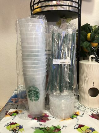 15 Starbucks Reusable 24oz Frosted Mermaid Logo Cold Cups With Lid & Straws.