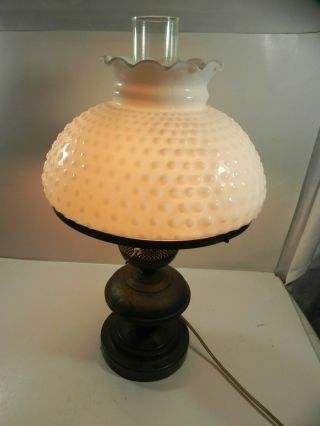 Vintage Brass Table Lamp Milk Glass Hob Knob Shade Oil Style Lamp