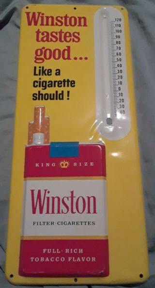 Vintage 1950s Winston Cigarettes Tobacco Embossed Metal Thermometer Advertising