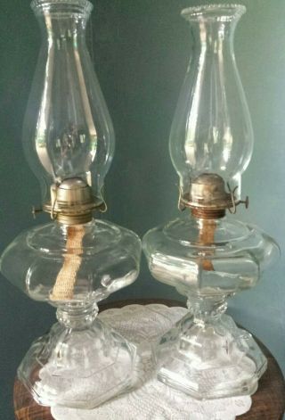 2 Matching Vintage Decorative Clear Glass Kerosene Oil Lamps