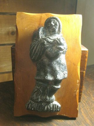 Artist Al Wolf Inuit Soapstone Carving Mother And Child Carving Mounted To Wood