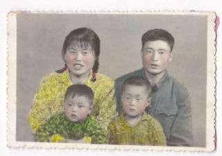Chinese Family Children 1950s Hand Colored Studio Photo China Rosy Cheeks