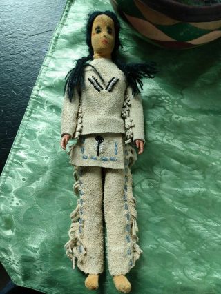 Vintage Native American Indian Leather Doll With Bead Work.  12 " Moccasins,  Rare