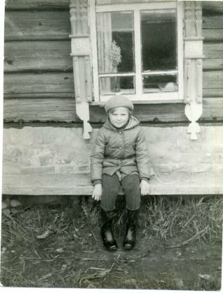 1960s Girl Rubber Boots Wooden House Carved Window Frame Russian Vintage Photo