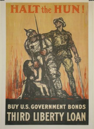 Halt The Hun Liberty Bond Poster First World War Ww1 Wwi 1918 Raleigh