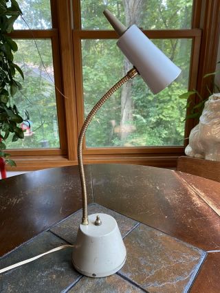 Vintage Atomic Brass Gooseneck Bullet Cone Desk Table Lamp Weighted Base Mcm