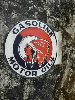 Porcelain Red Indian Gasoline Enamel Sign Size 24 " Inches 2 Sided Flange