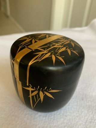 Japanese Black And Gold Lacquer Round Box Bamboo Leaves 2.  5 " X 2.  5 "