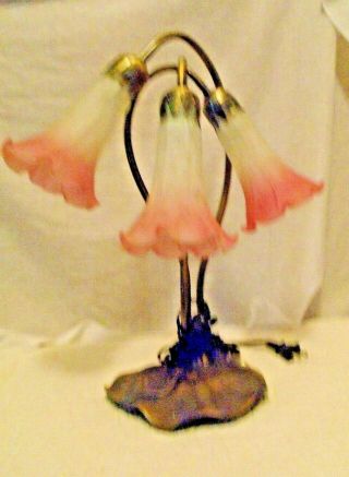 Vintage 3 Light Tulip Table Lamp - Frosted Pink Glass With Lilly Pad Bronze Base