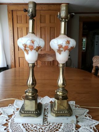 (2) Pair Banquet Bedside End Table Lamps Milk Glass Brass Marble Enameled Grapes