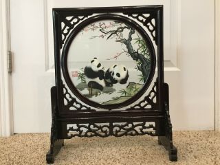 Chinese Panda Table Screen Double Sided Silk Embroidery Art Carved Wood