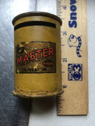 Unique Vintage Old Master Oil Gas Advertising Tin Litho Decal Coin Bank