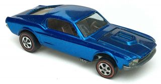 Vintage 1968 Mattel Hot Wheels Redline Blue Custom Mustang W/ Brown Interior