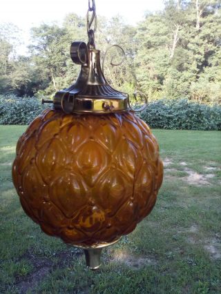 Vintage Mid Century Modern Amber Glass Hanging Swag Lamp Pendant Light Ribbed