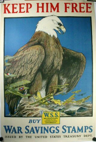 Ww1 U.  S.  Poster " Keep Him " 1917 Linen Backed