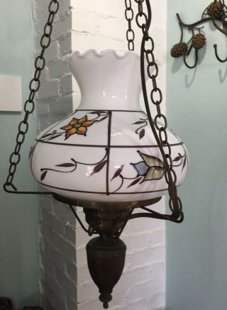 Vintage Milk Glass Hand Painted Floral Hanging Swag Hurricane Wood Farm Country