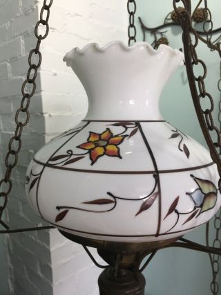 Vintage Milk Glass Hand Painted Floral Hanging swag Hurricane WOOD farm country 2