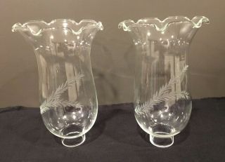 Vtg Pair Hurricane Shades Clear Crystal Scalloped Edge Etched Branches 8 " Tall