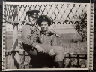 Two Soldiers Affectionate Couple Military Buddies Hug Handsome Men Boy Vtg Photo