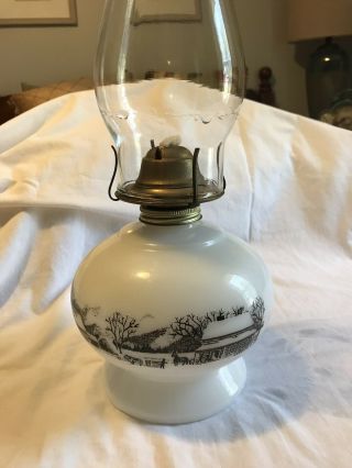 Vintage Oil Lamp By Currier And Ives White Milk Glass Farm Scene - Both Sides