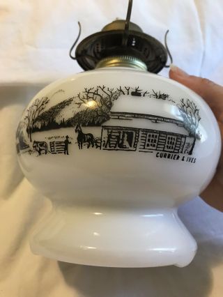 Vintage Oil Lamp By Currier And Ives White Milk Glass Farm Scene - Both Sides 2