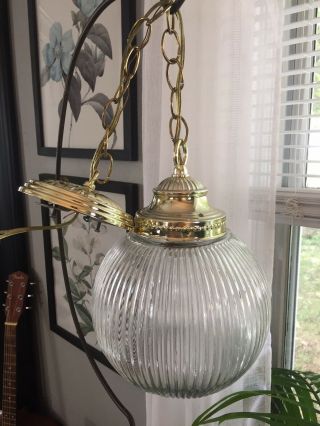 Vintage Mid Century Hanging,  Swag,  Ceiling Light Fixture,  Ribbed Glass Globe