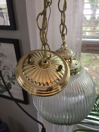 Vintage Mid Century Hanging,  Swag,  Ceiling Light Fixture,  Ribbed Glass Globe 3