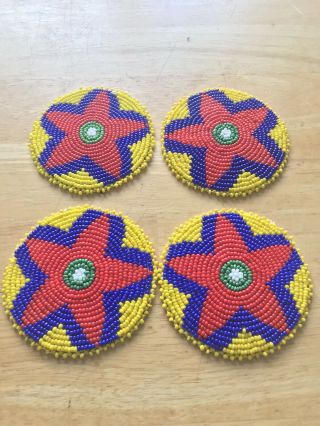 4 Native American Style 3 Inch Beaded Rosettes Red Star Design Leather Back