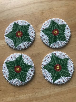 4 Native American Style 3 Inch Beaded Rosettes Green Star Design Leather Back