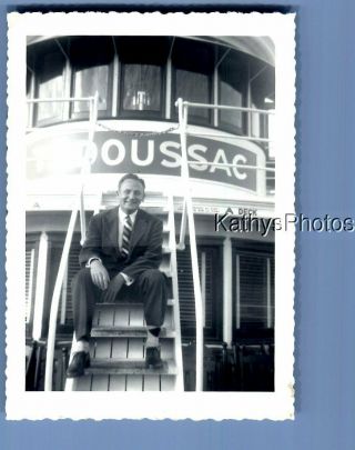 Found B&w Photo F,  6875 Man In Suit Sitting On Boat Stairs,  Tadoussac
