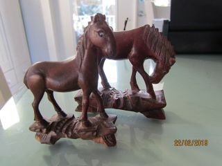 2 Asian Padauk Wood Horse Figurines With Glass Eyes