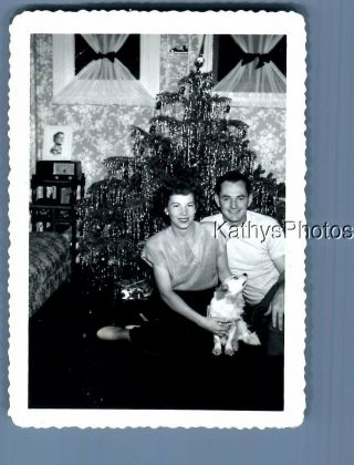 Found B&w Photo F,  3931 Man Sitting By Christmas Tree With Pretty Woman