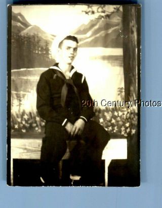 Found B&w Photo K,  6238 Sailor Sitting On Bench In Faux Background