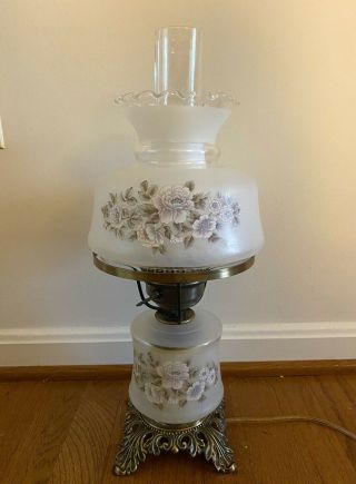 Vintage 3 Way Hand Painted Hurricane Lamp Gone With The Wind Frosted Floral