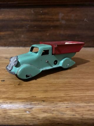 1930’s Wind Up Pressed Steel Dump Truck With Key,  Art Deco,  American Red & Green