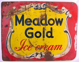 1950s Meadow Gold Ice Cream 2 Sided Metal 25.  75 " X 20 " Store Advertising Sign